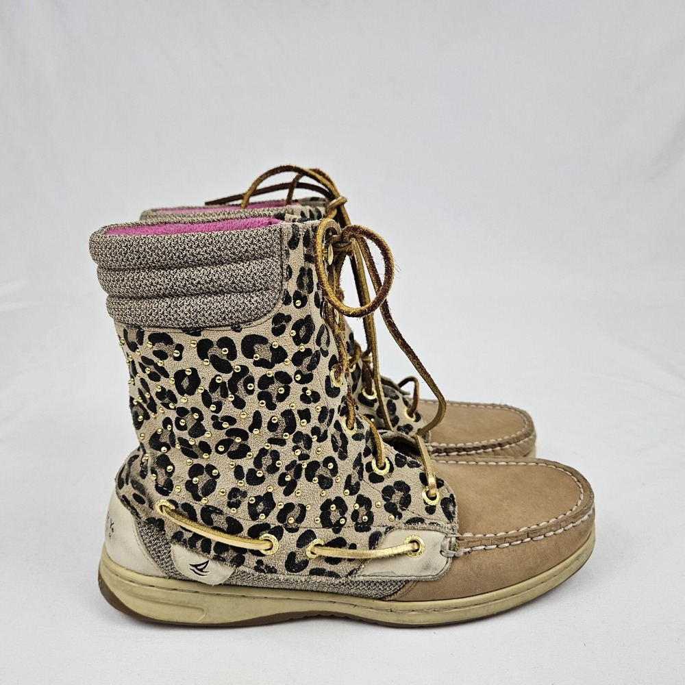 Sperry Top Sider Hikerfish Boot Booties 8M Tan Leather Cheetah Print
